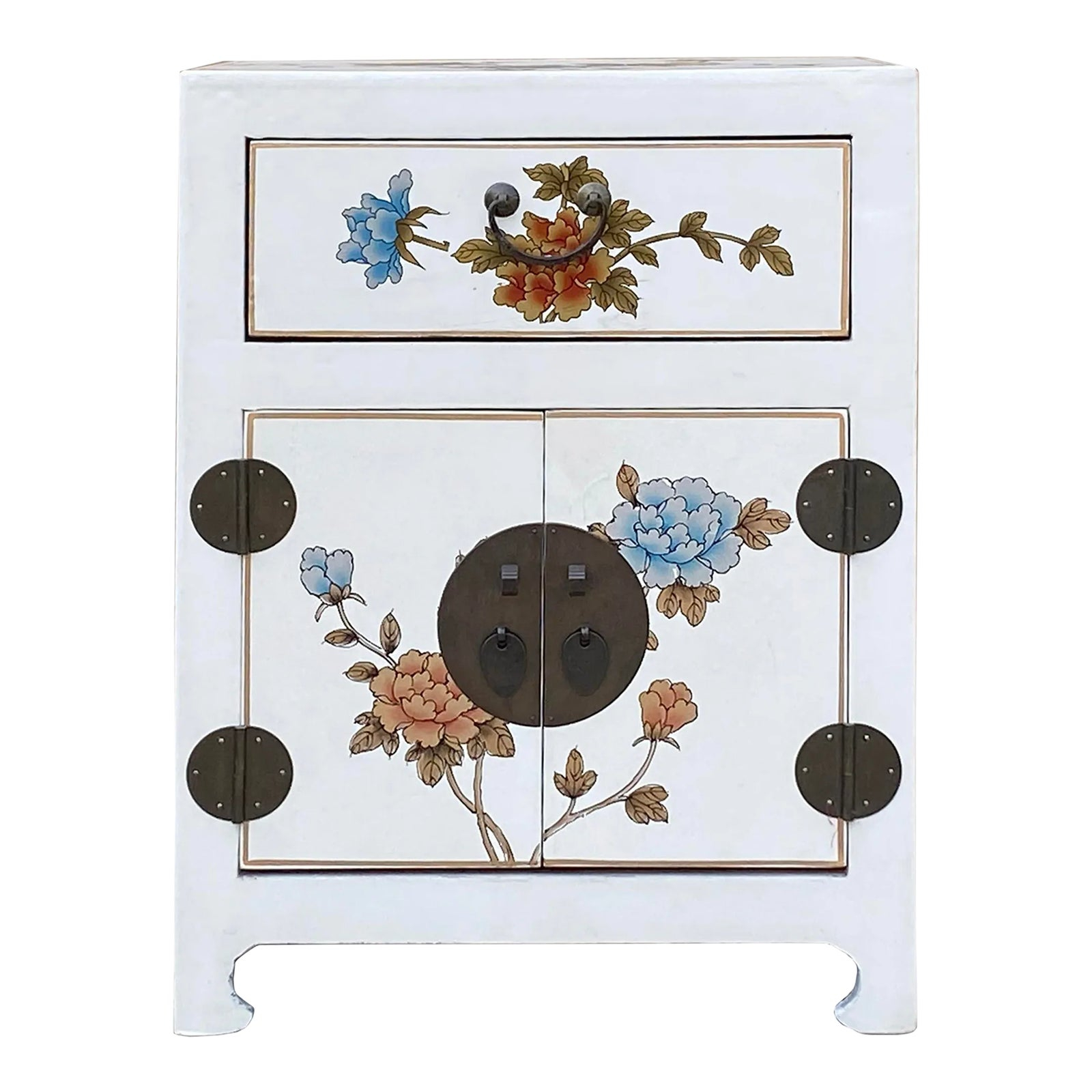 Chinese Off White Vinyl Moon Face Flower Birds End Table Nightstand ... regarding Chinese Off White Vinyl Moon Face Flower End Table Nightstand Hcs7130