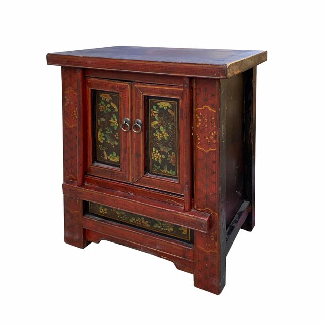 Chinese Vintage Brick Red Flower Graphic End Table Nightstand | Chairish throughout How to Incorporate Chinese Distressed Brick Red Aesthetic into Your Living Space