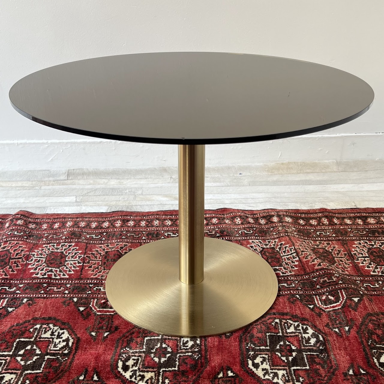 Contemporary Glass Top Brass Pedestal Accent Table pertaining to Classic Minimalist Bronze Metal Round Table