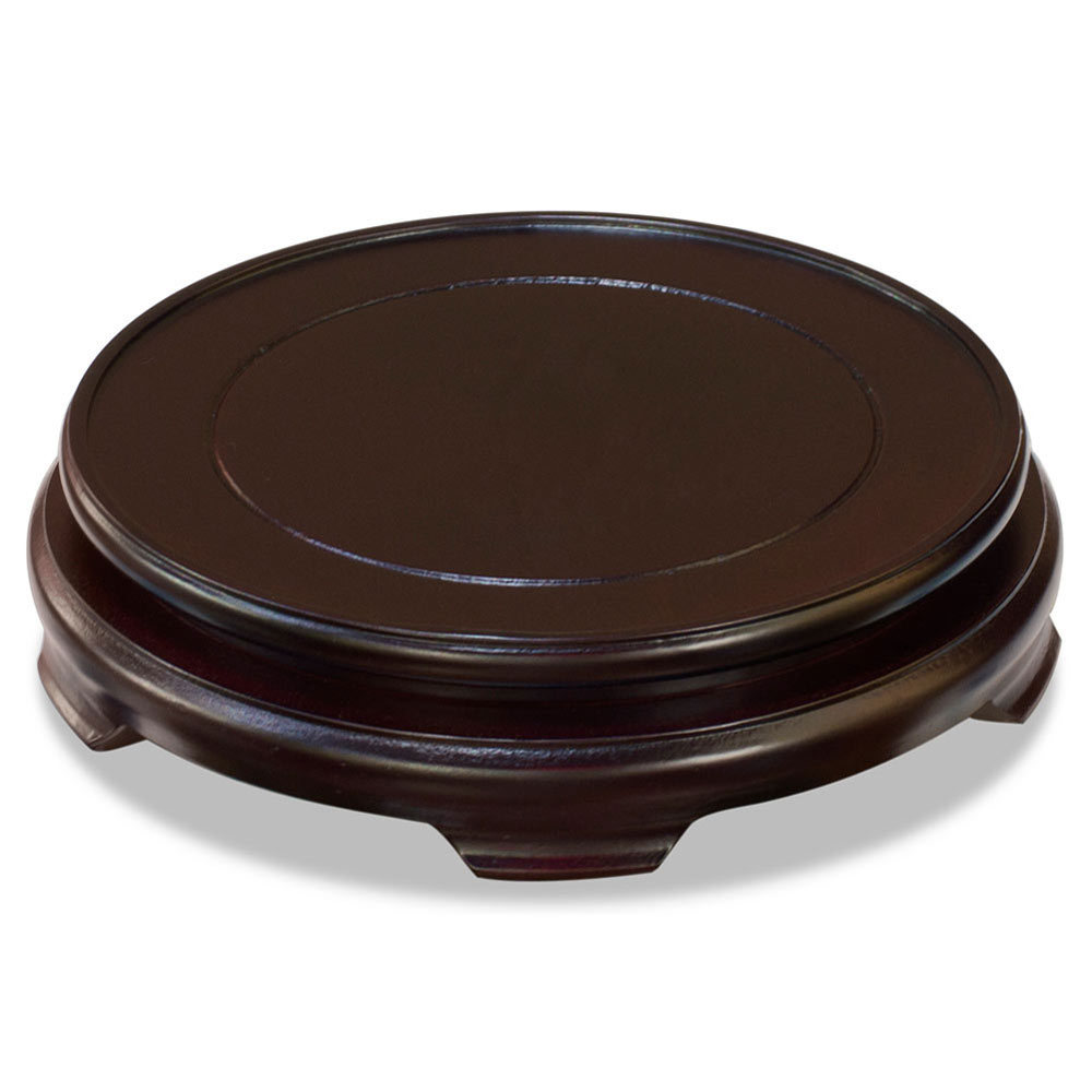 Dark Brown Solid Wood Round Display Bases with Chinese Round Wooden Stand Base Dark Brown Reddish, 6 1/4"