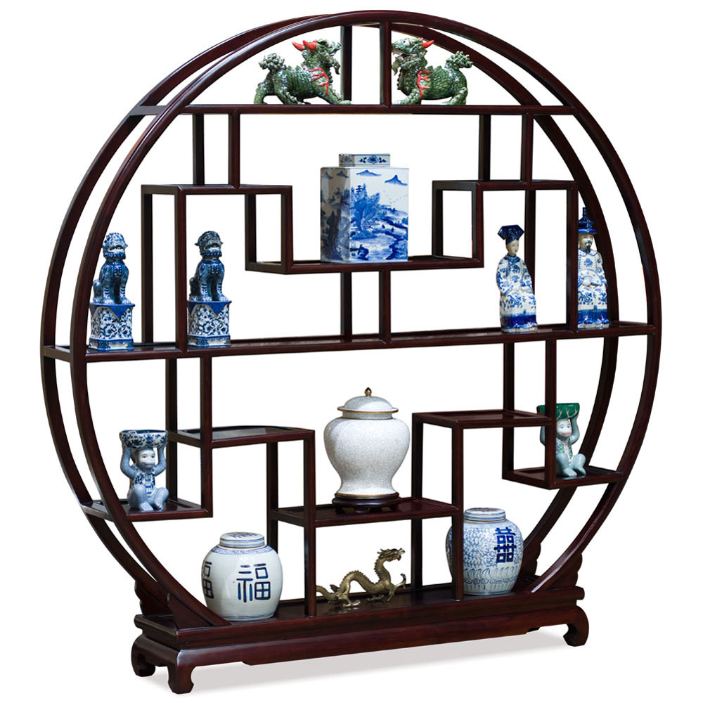 Dark Cherry Grand Elmwood Moon Curio Stand | China Furniture pertaining to Dark Cherry Grand Elmwood Asian Moon Curio Stand