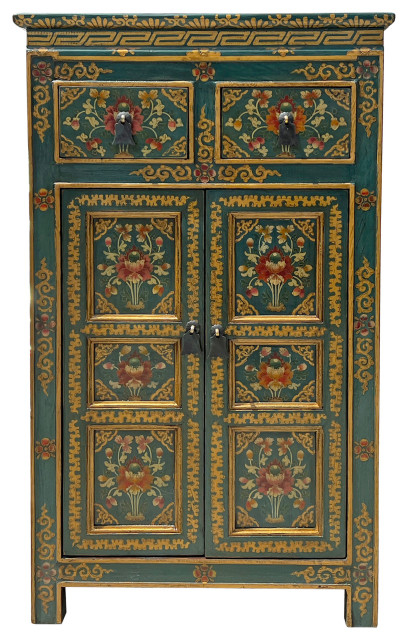 Distressed Teal Blue Green Tibetan Floral End Table Nightstand Cabinet ... inside Maximizing Storage and Style with Distressed Teal Green Blue Flowers Graphic 4 Drawers End Table Nightstand cs7357