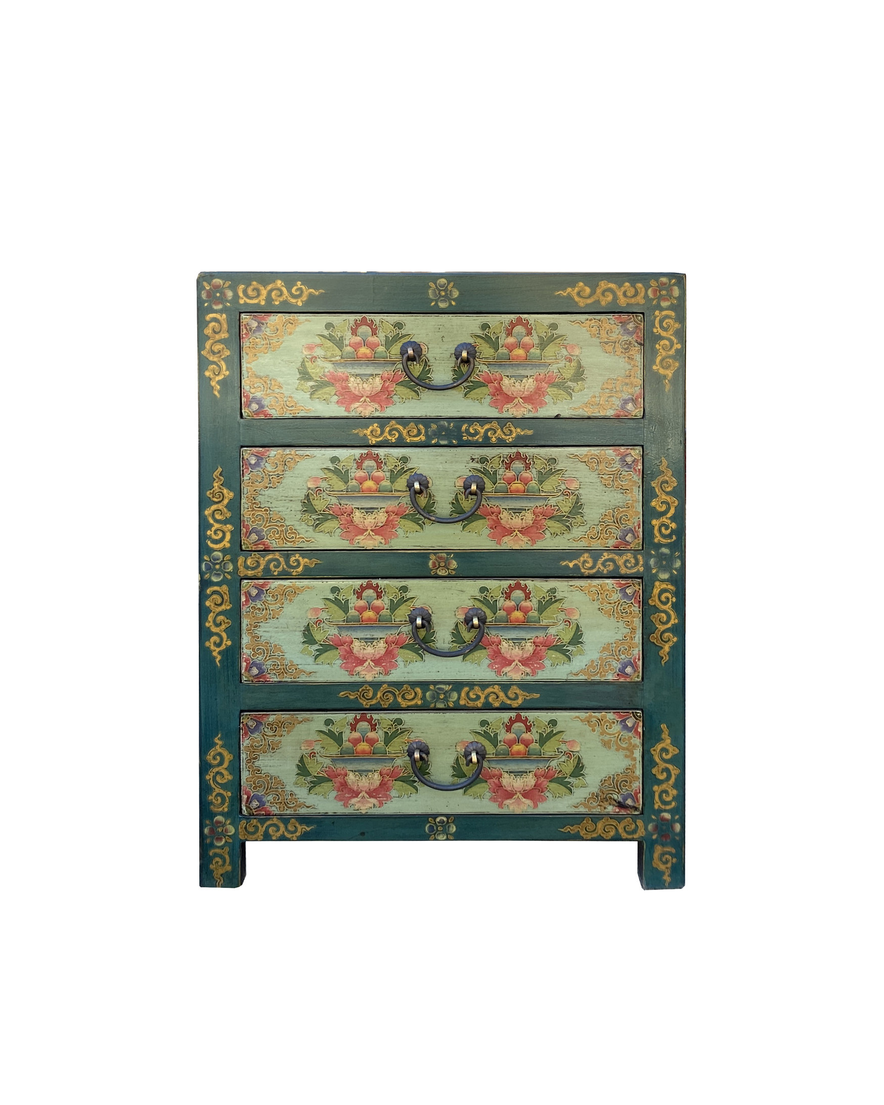 Distressed Teal Green Blue Flowers Graphic 4 Drawers End Table ... pertaining to Distressed Teal Green Blue Flowers Graphic 4 Drawers End Table Nightstand Cs7357