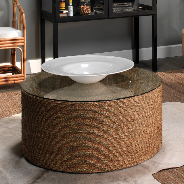 Elegant Minimalist Twisted Sea Grass Rope Coffee Table Natural Coastal ... pertaining to Luxe Minimalist Twisted Sea Grass Rope Drum Accent Table Natural Coastal Round
