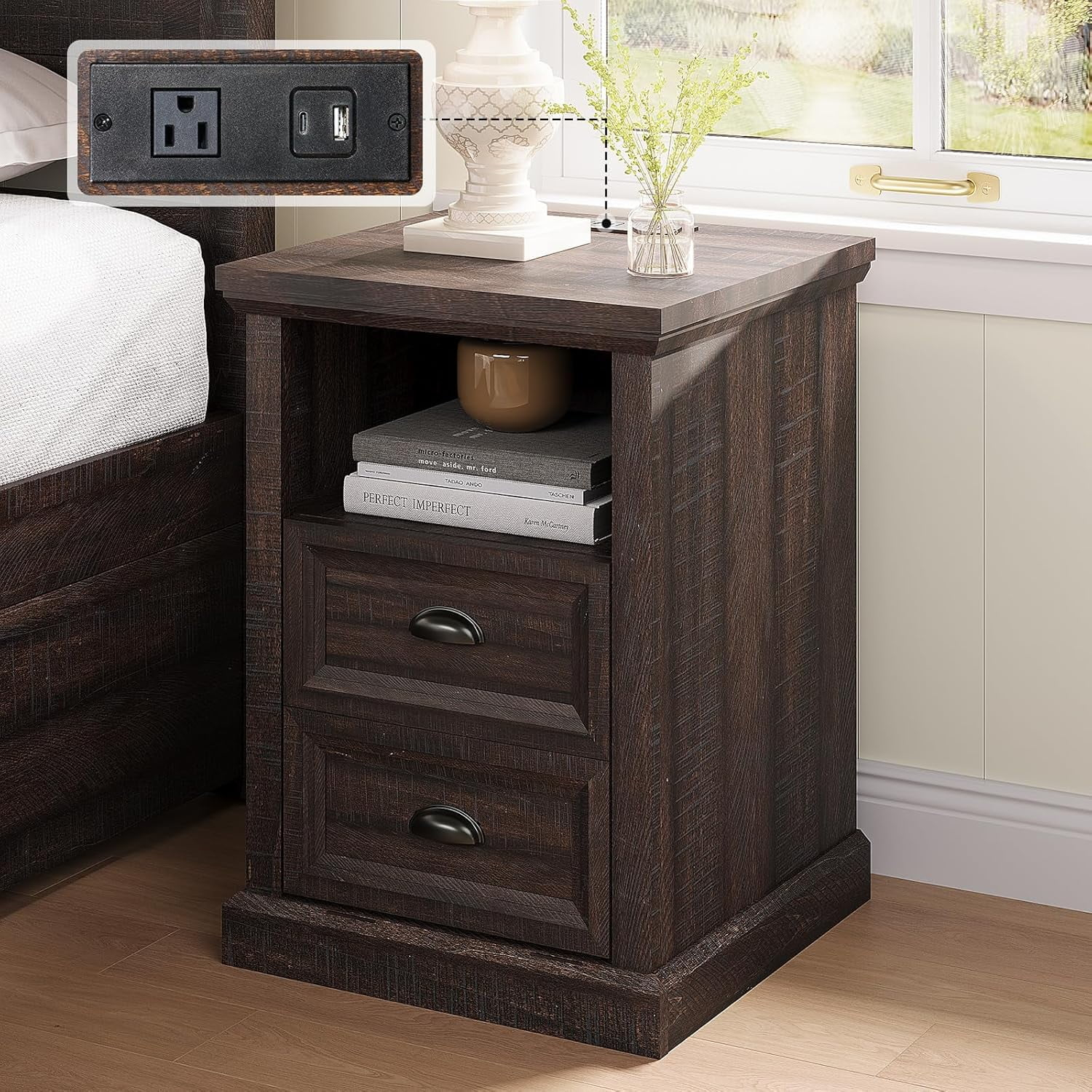 End Tables With Charging Station Wood Side With 2 Drawers And Storage ... regarding Linon Bartow Wood Storage Accent Table Usb Charging Station In Hazelnut Brown