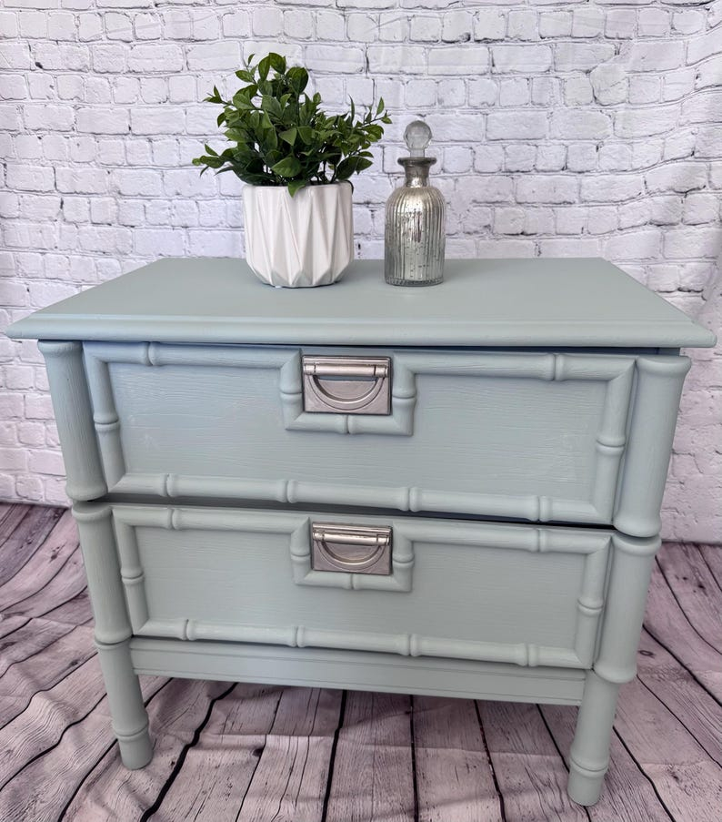 Grandmillennial Faux Bamboo Nightstand - Coastal Blue Hollywood Regency ... throughout Understanding the Design Philosophy Behind Chinese Minimalist Furniture