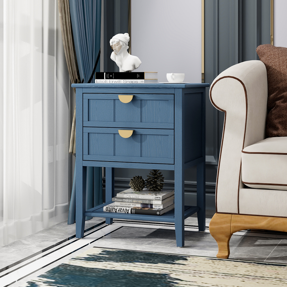 Gzxs 2-Drawers Side Table In Blue, Storage End Table Wooden Nightstand ... with regard to Understanding the Design Philosophy Behind Chinese Minimalist Furniture
