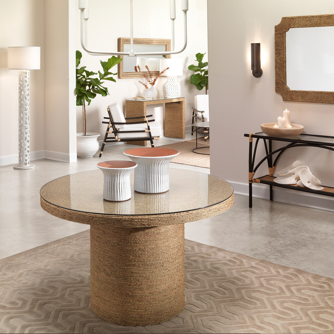 Luxe Minimalist Twisted Sea Grass Rope Dining Table 4 Seat Natural ... with Luxe Minimalist Twisted Sea Grass Rope Drum Accent Table Natural Coastal Round
