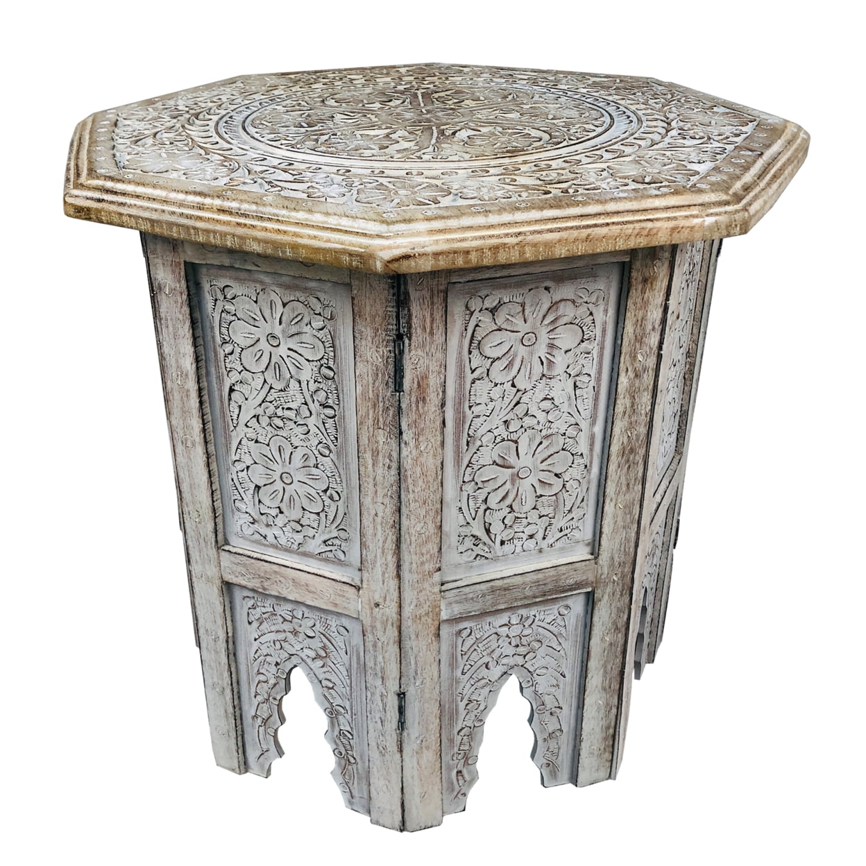 Olta 18 Inch Handcrafted Farmhouse Side Table Engraved Carved Design ... pertaining to Traditional woodworking techniques used in handmade mango wood pieces