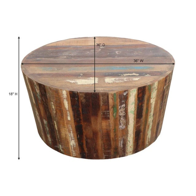 Round Drum Shaped Solid Reclaimed Wood Coffee Table | Chairish within Gdf Studio 21"H Drum-Shaped Mango Wood Round End Table, Honey