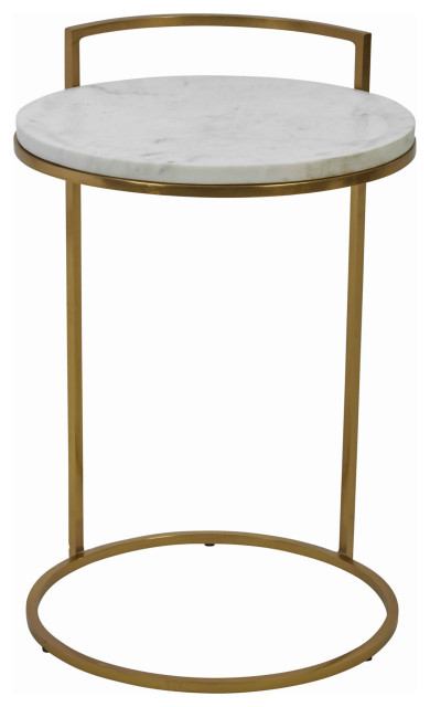 Round Marble Top Accent Table With Circular Metal Base, Gold And White ... in Malthe Round Marble Top Accent Side White And Antique Gold