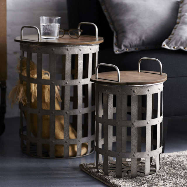 Set Of Two Grey And Brown Wood And Metal Basket Round End Tables ... intended for Choosing the Right Set of Two Grey And Brown Wood and Metal Basket Round End Tables for Your Home