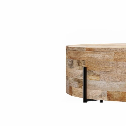 Simpli Home Rayburn Drum Coffee Table Mango Wood Round Design Black ... within Exploring the Artisanal Craftsmanship Behind GDF Studio's Honey Wood Furniture