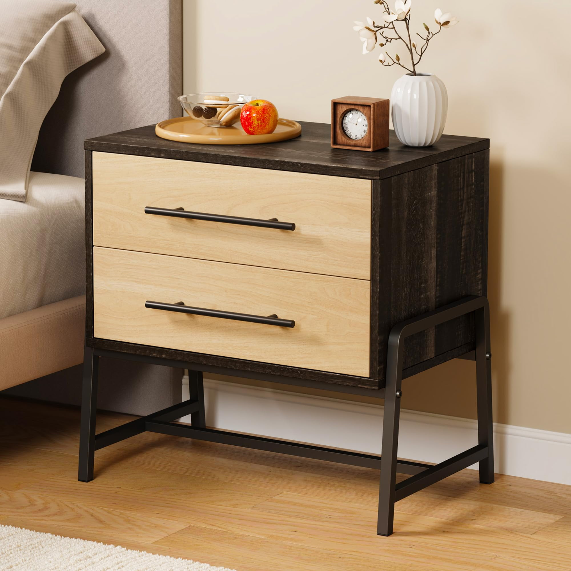 Accreate Farmhouse Nightstand With Drawers, Light Wood Bedside Table ... for Luxe Woven Raffia Front 3 Drawer Accent Table Chest Casual Light Wood Bedside