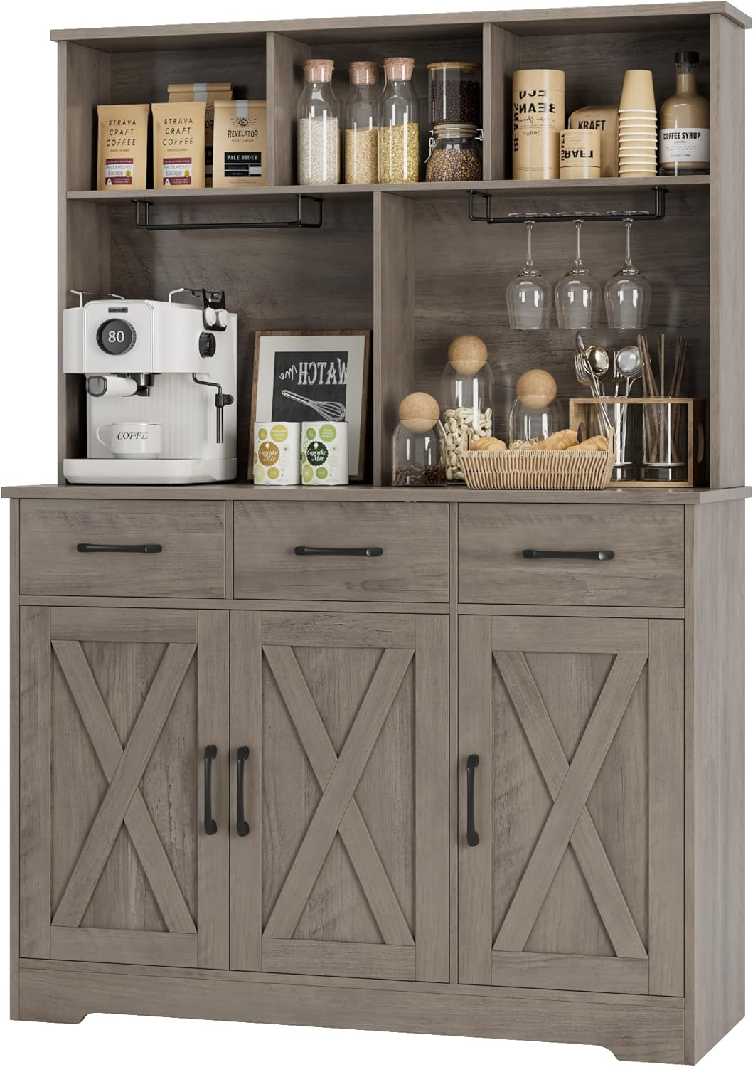 Amazon.com - Hostack Buffet Cabinet With Hutch, Modern Farmhouse ... intended for Designing Your Ideal Farmhouse Kitchen Hutch That Serves Multiple Purposes
