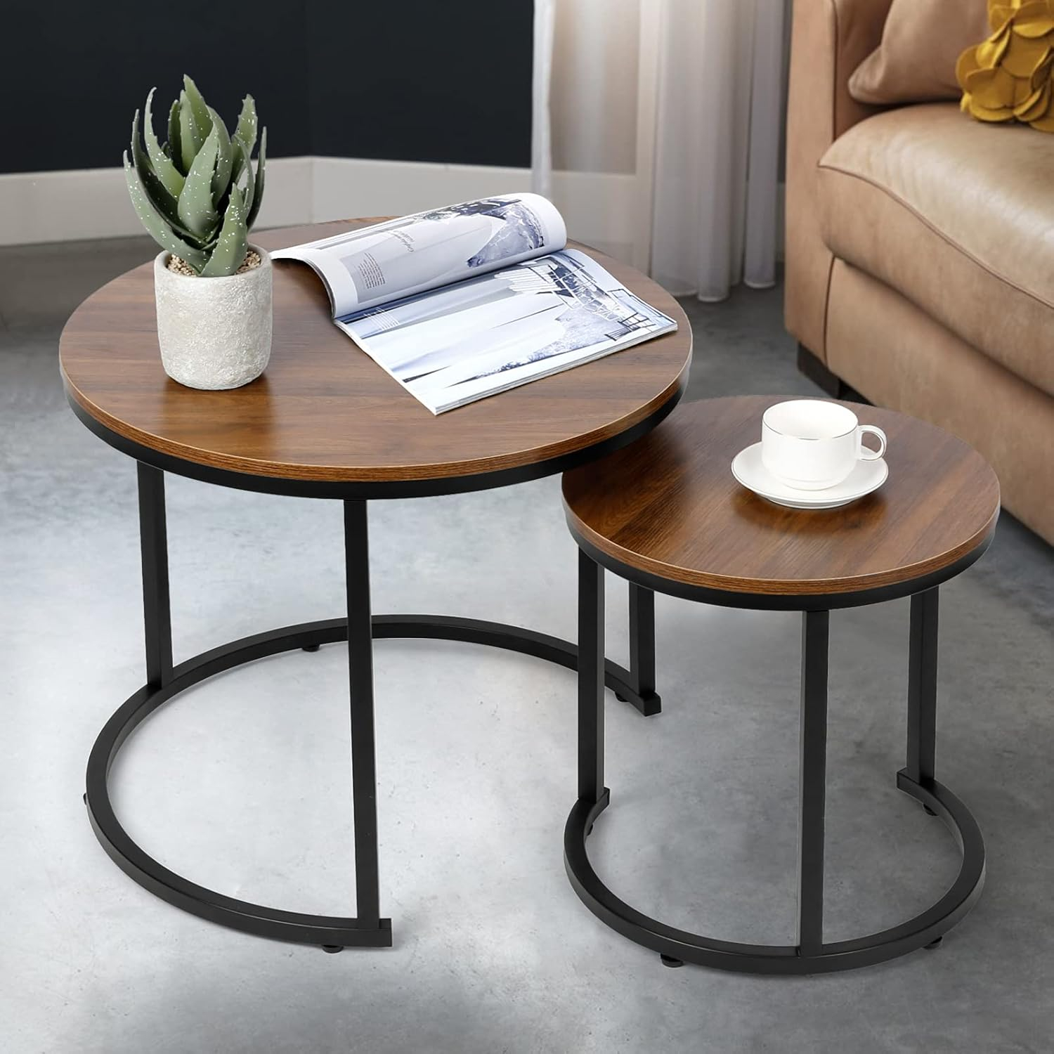 Amazon.com: Smool Modern Nesting Coffee Table Set Of 2 For Living Room ... in Nesting Table Set Of 2 Side End Metal Accent Metal Laminate Brown Gold
