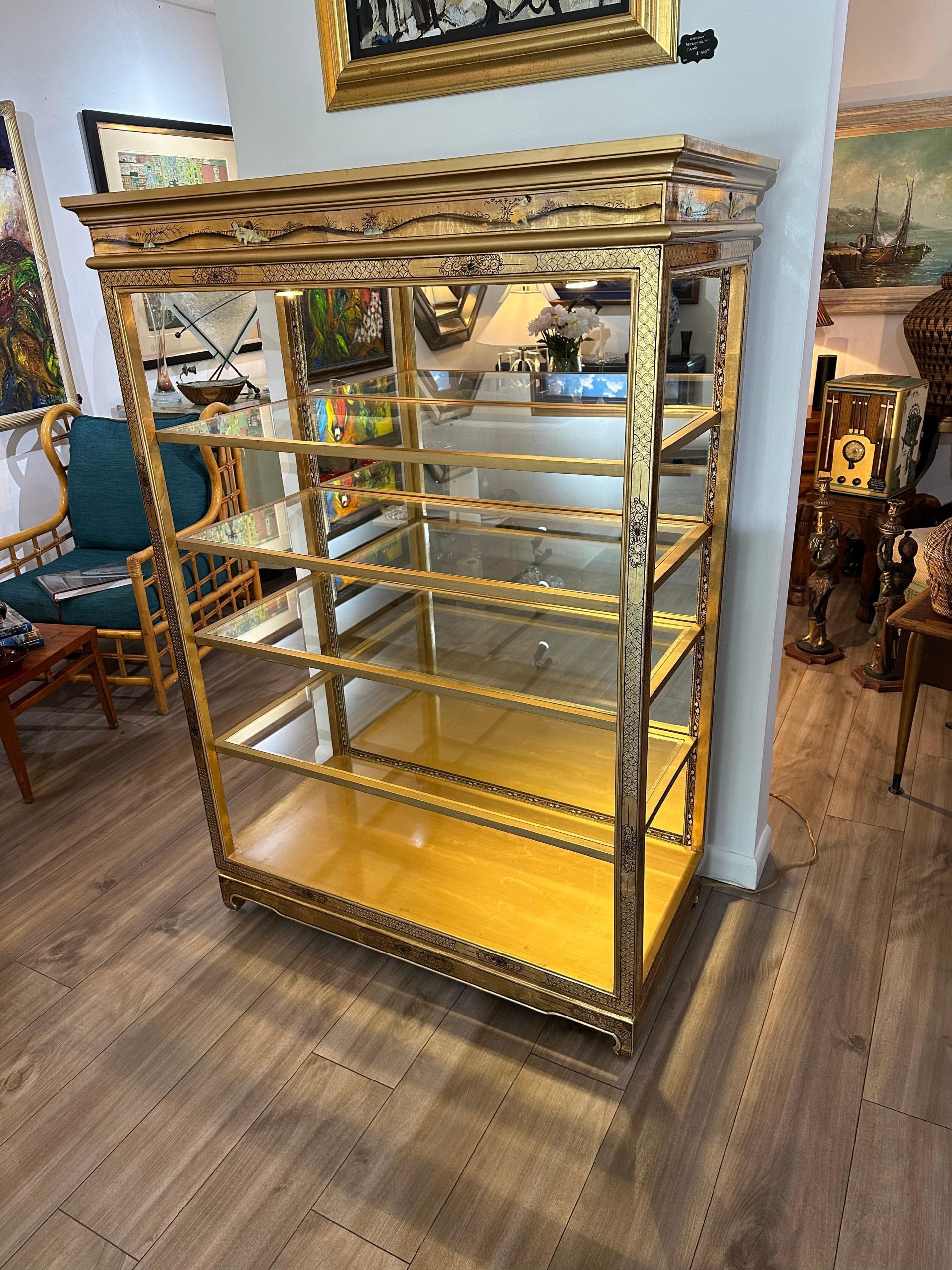 Asian Gold Hand Painted Open Curio Display Cabinet For Sale At 1Stdibs intended for How Gold Lacquer Techniques Shaped Curio Cabinet Architecture Through History