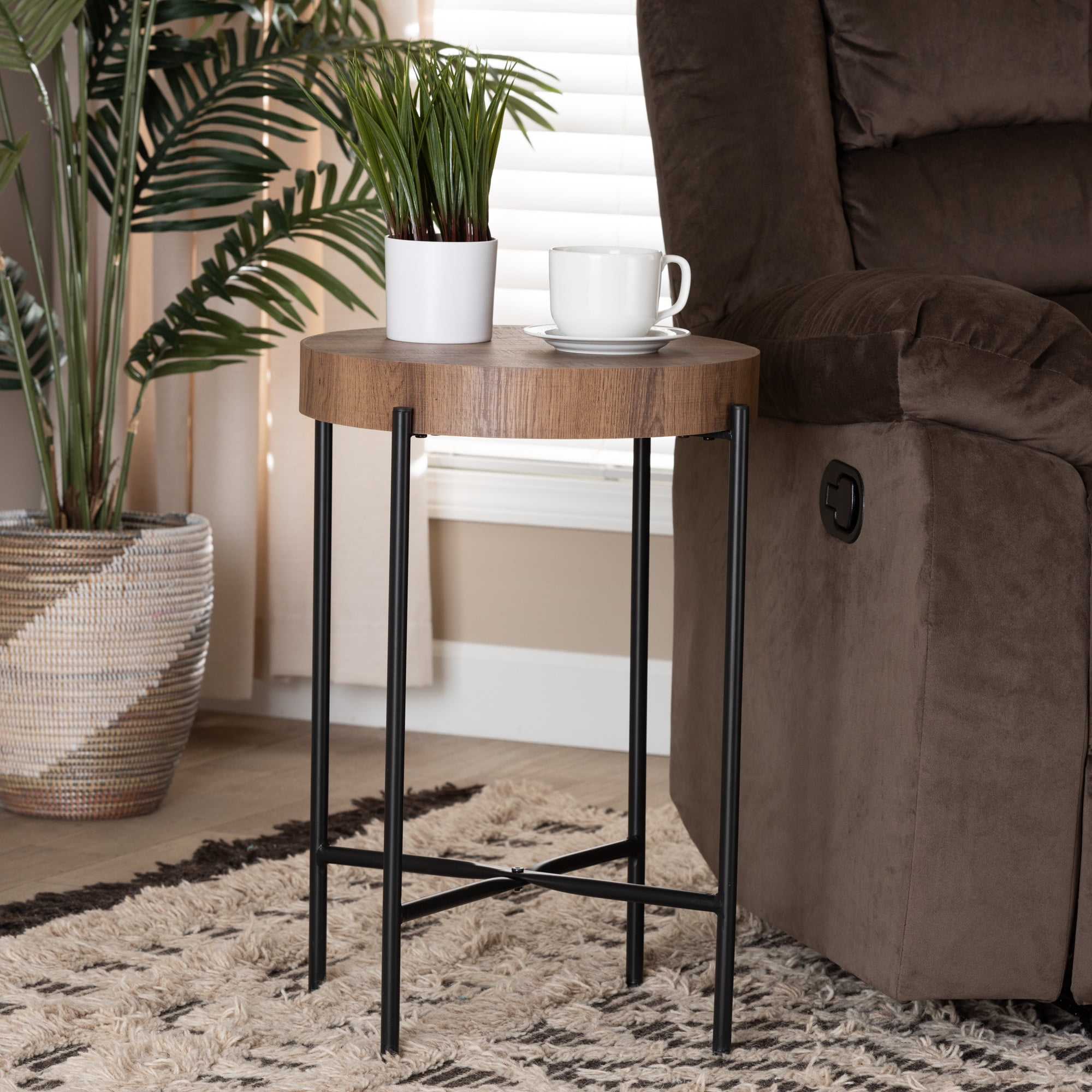 Designing with Modern Industrial Walnut Brown Finished Wood and Black Metal End Table