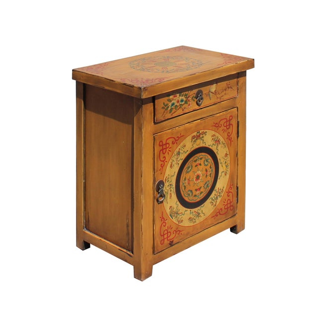 Chinese Oriental Distressed Mustard Yellow Graphic End Table Nightstand ... inside The Artisan Craftsmanship Behind Chinese Distressed Black Yellow Scenery Graphic Furniture