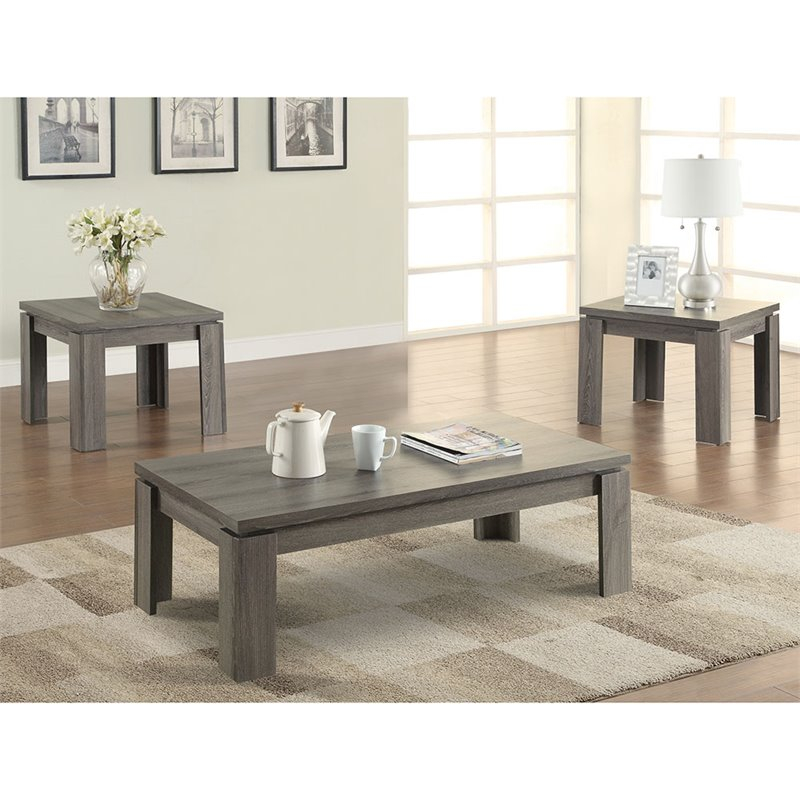 Coaster 3 Piece Contemporary Coffee Table Set In Weathered Gray | Cymax ... with Comparing quality features of Coaster Rachelle 3-Piece Wood Coffee Table Set with other wooden coffee table collections