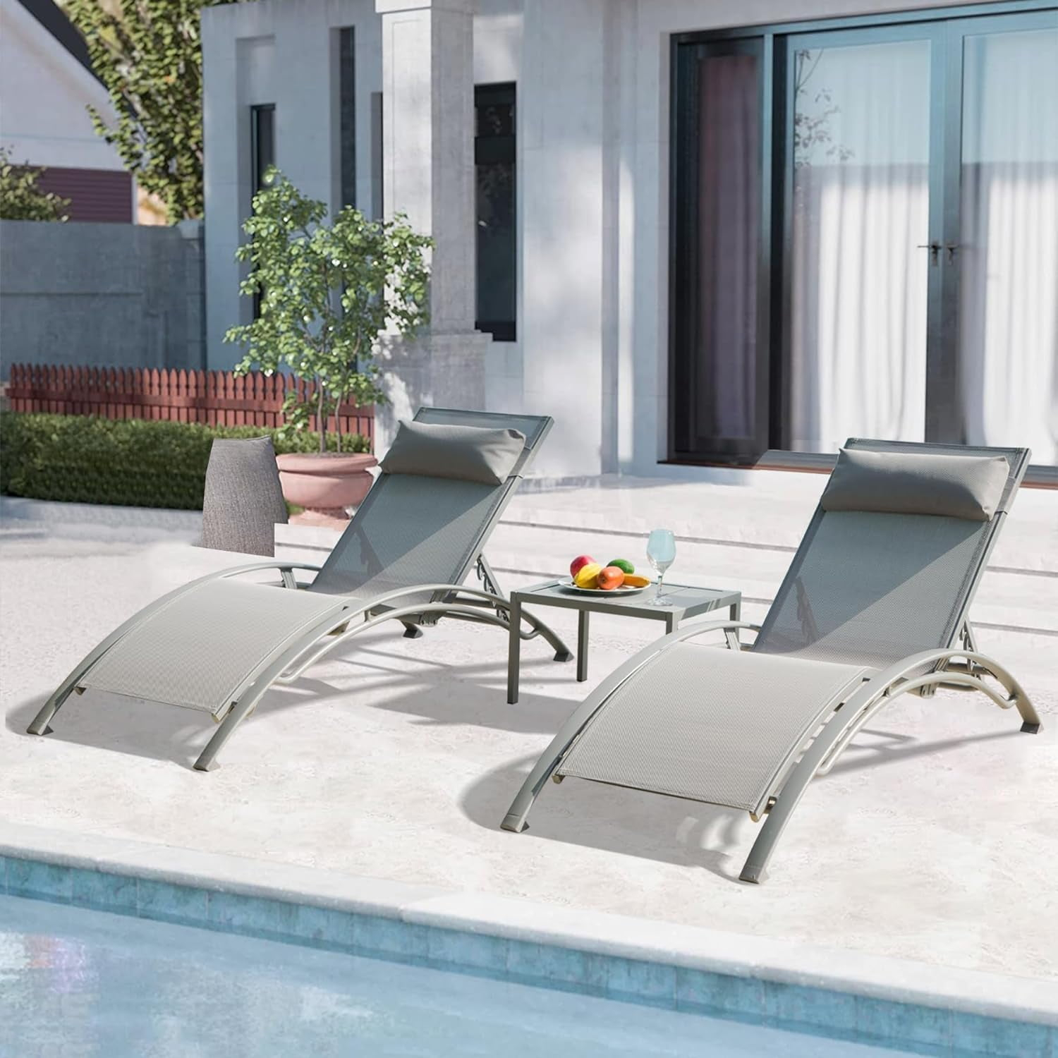 Domi Pool Lounge Chair Set Of 3, Outdoor Chaise Lounge With Side Table ... for Benzara Bm223162 Adjustable Slatted Lounger Side Table, Set Of 4, Gray & White