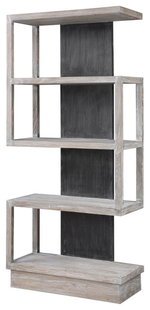 Dramatic Staggered Shelf Modern Etagere Open Black Gray Wood S Shape ... intended for Balancing Form and Function in Modern Black Gray Wood Storage