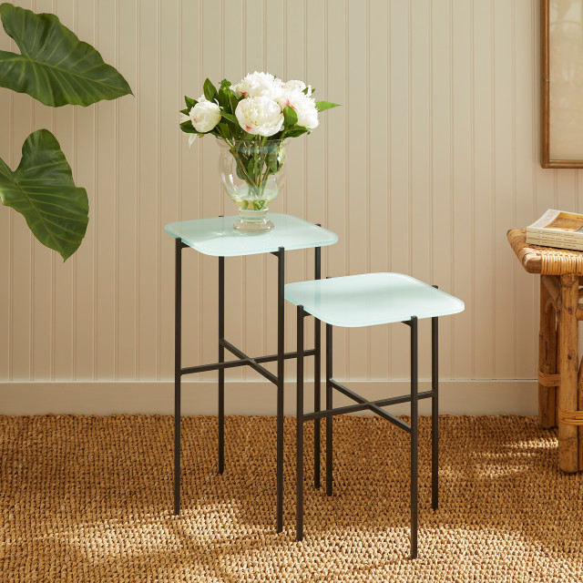 Set Of 2 Square Minimalist Ice Blue Glass Top Accent Tables Pedestal ... pertaining to The Art of Choosing the Right Pedestal Table for Small Living Spaces