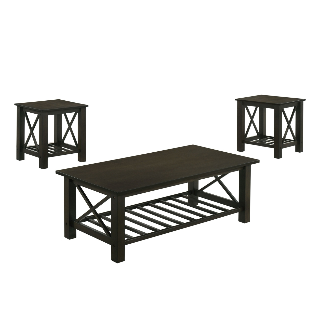 Viki 3 Piece Brown Coffee And End Table Set, Cross Bars, Slatted Open ... with Coaster Rachelle 3-Piece Wood Coffee Table Set In Dark Brown