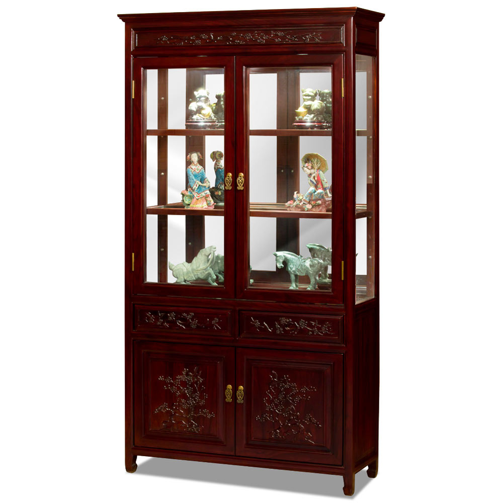 Dark Cherry Elmwood Flower Bird Design Asian Curio Cabinet within Dark Cherry Elmwood Flower And Bird Design Oriental Curio Cabinet