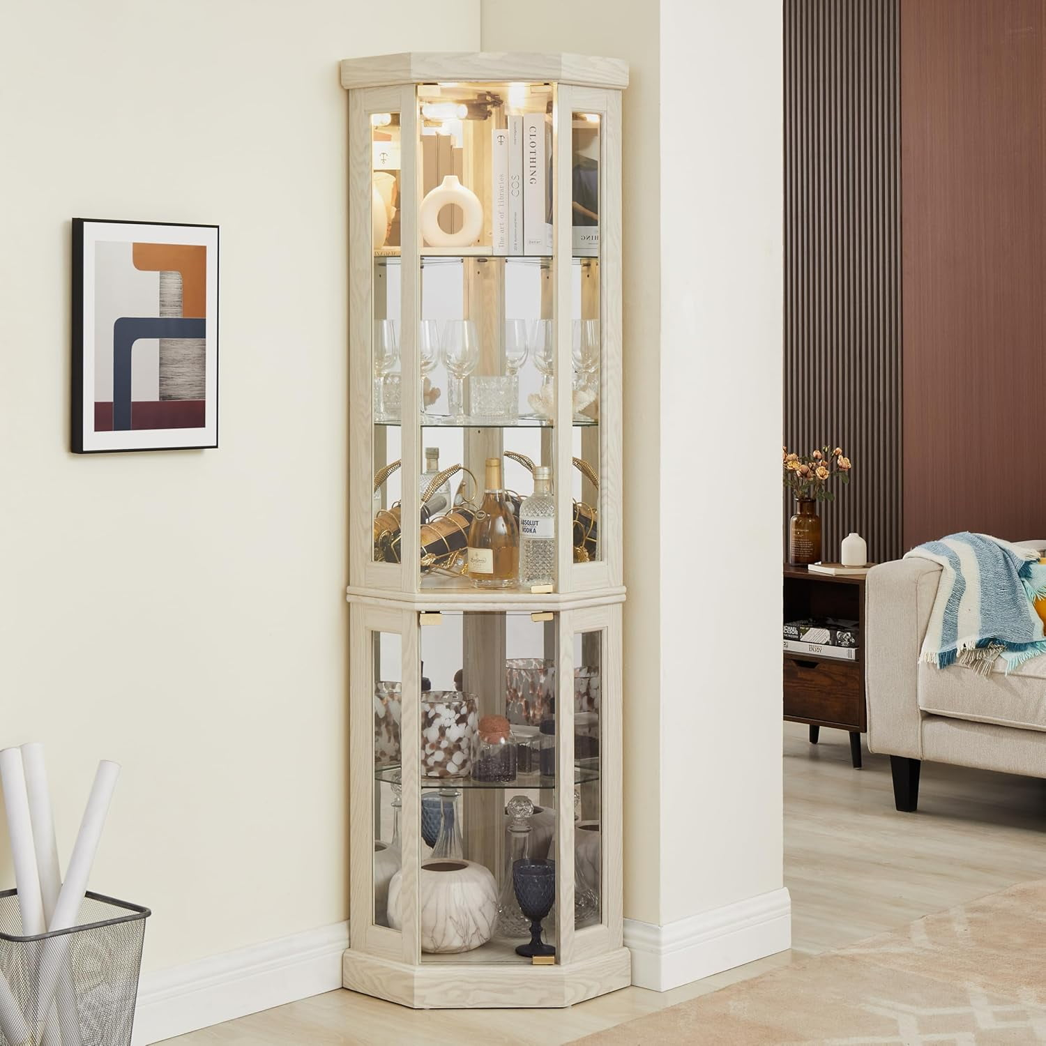 Corner Curio Cabinet,Lighted 3-Side Glass Display Curios Cabinets,Curio ... in Diane Lighted Corner Curio Cabinet