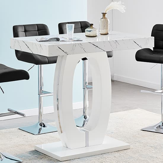 Halo High Gloss Bar Table In White And Vida Marble Effect | Furniture ... within Keeping your Halo High Pub Table clean without damaging the wood finish