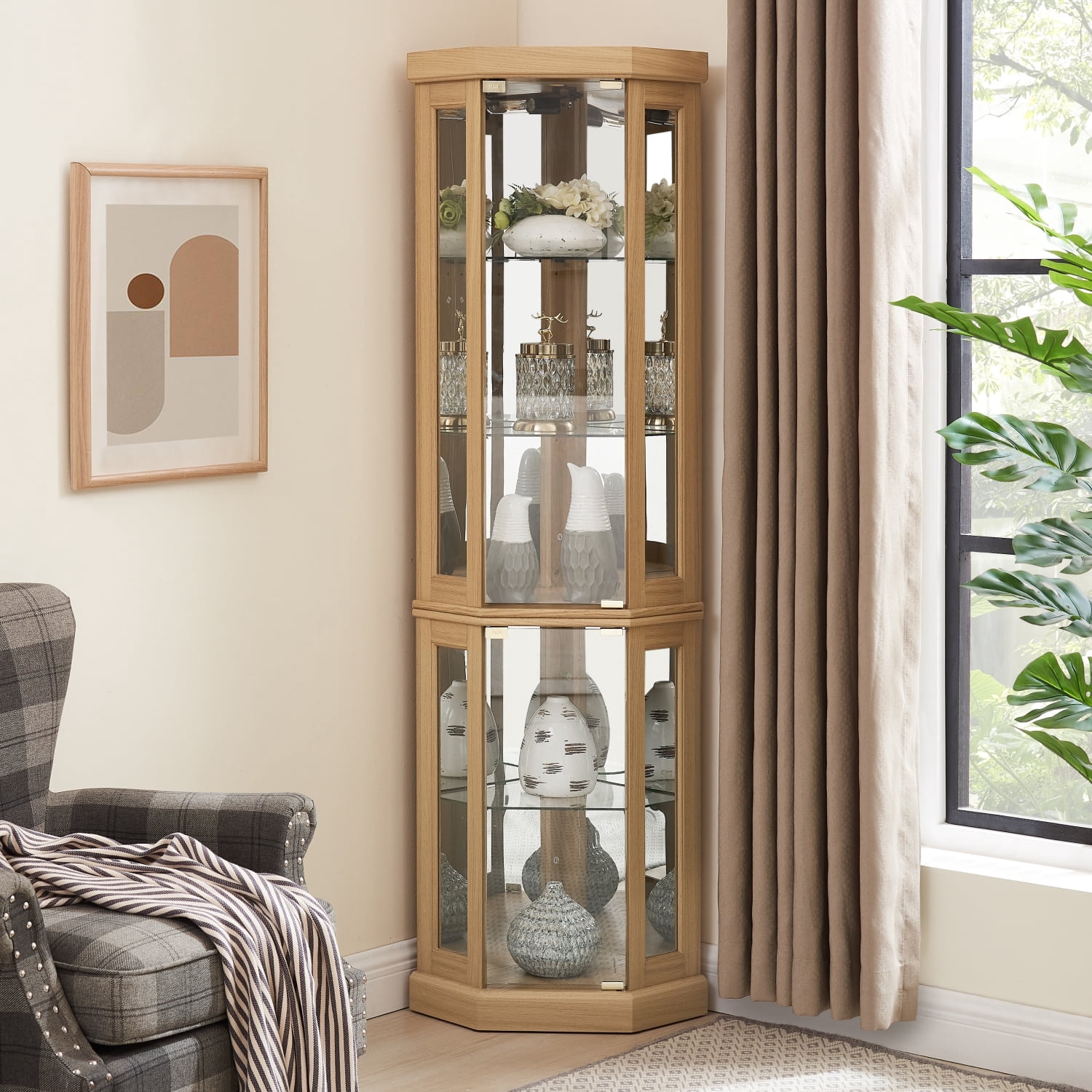 Lighted Corner Curio Cabinet, 5 Tier Corner Glass Cabinet, Antique ... throughout Diane Lighted Corner Curio Cabinet