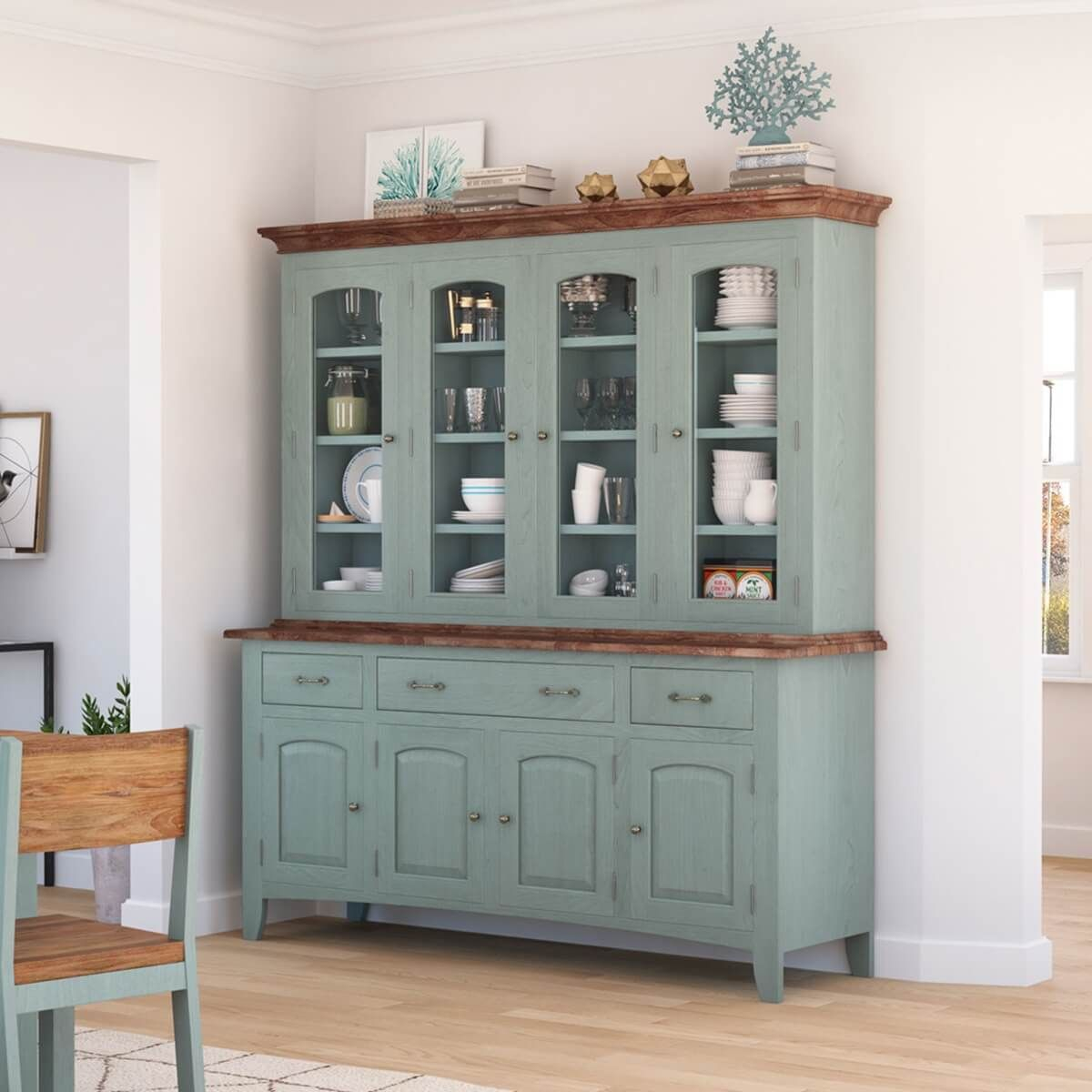 Meriden Solid Mahogany Wood Dining Room Farmhouse Buffet With Hutch ... intended for Farmhouse Kitchen Dining Hutch And Buffet