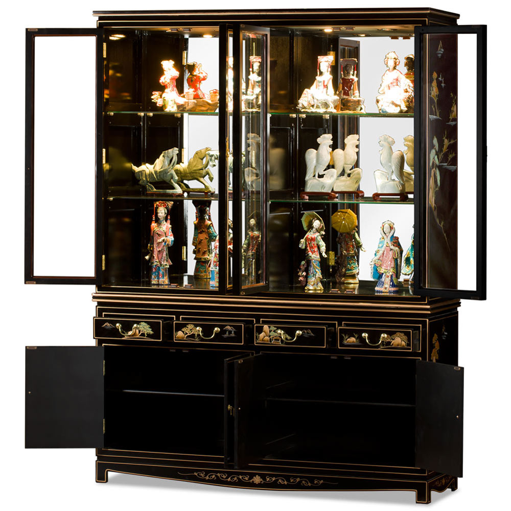 60In Black Lacquer Chinoiserie Oriental China Cabinet pertaining to 60" Black Lacquer Pearl Figure Motif China Cabinet