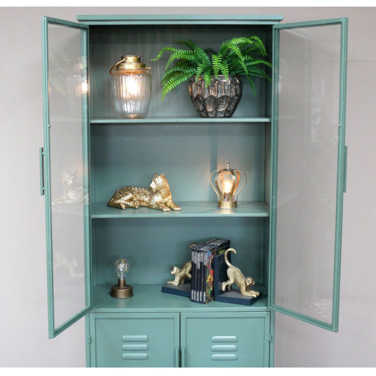 Industrial Green Metal And Glass Locker Style Tall Display Cabinet ... intended for 75" Contemporary Glass & Metal Display Cabinet In Green