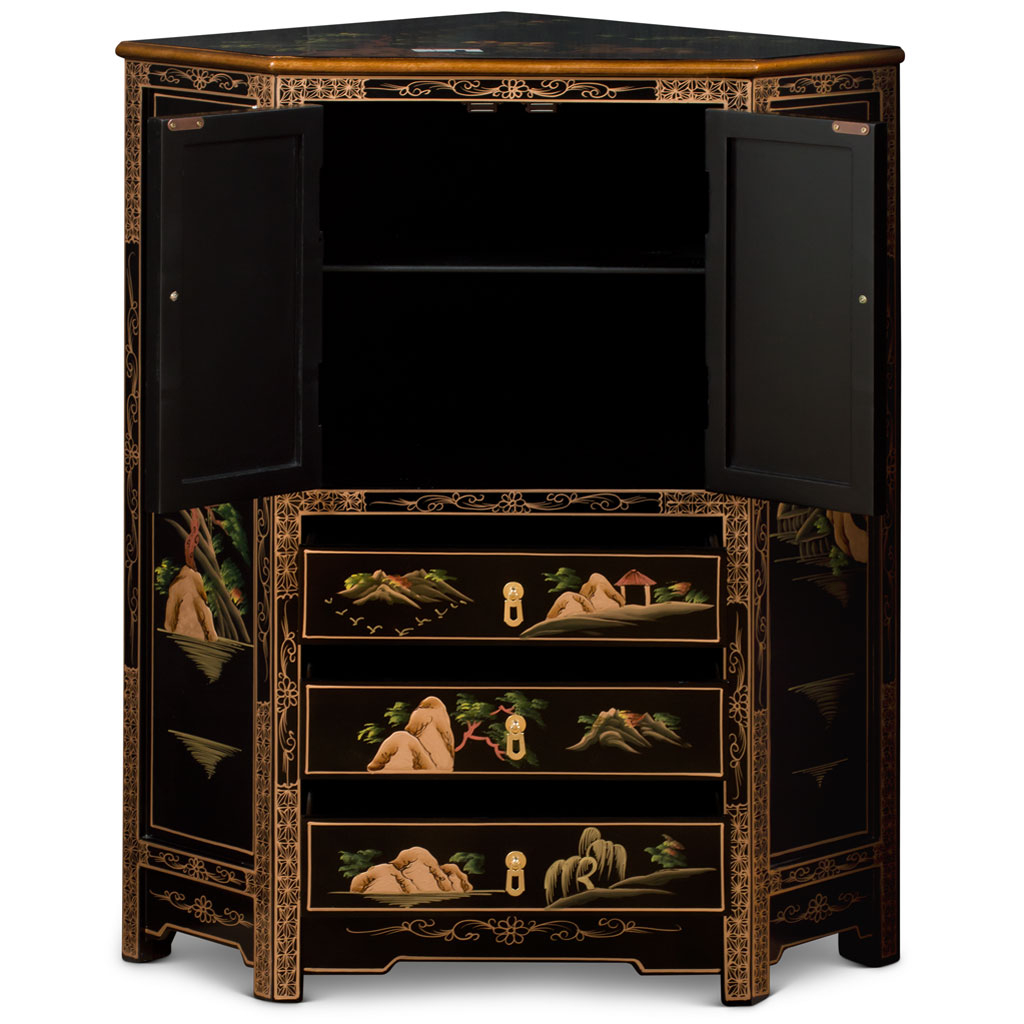 Black Lacquer Chinoiserie Landscape Oriental Corner Cabinet intended for 60In Black Lacquer Chinoiserie Oriental China Cabinet