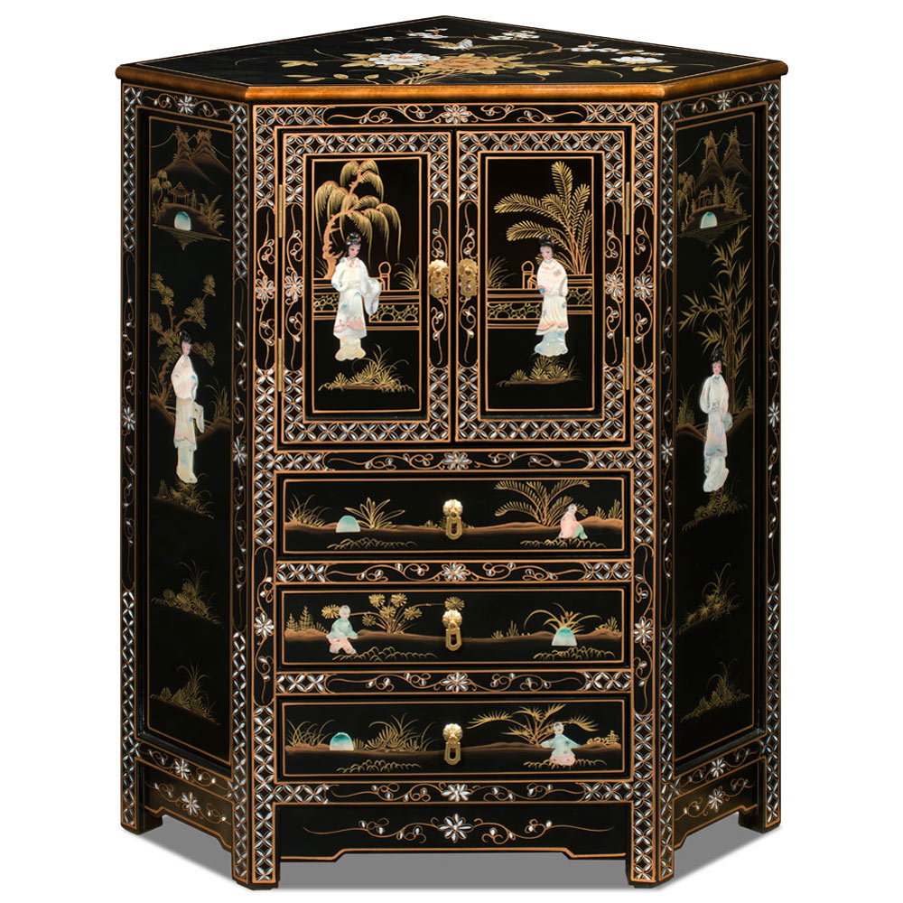 Black Lacquer Mother Of Pearl Corner Cabinet in 60" Black Lacquer Pearl Figure Motif China Cabinet