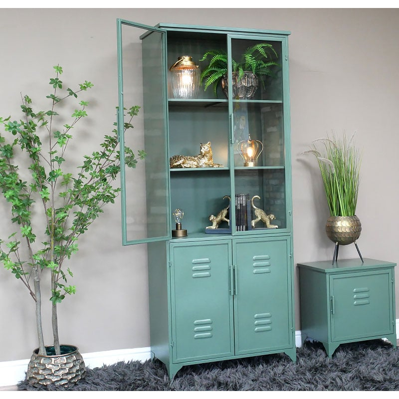 Industrial Green Metal And Glass Locker Style Tall Display Cabinet ... intended for 75" Contemporary Glass & Metal Display Cabinet In Green