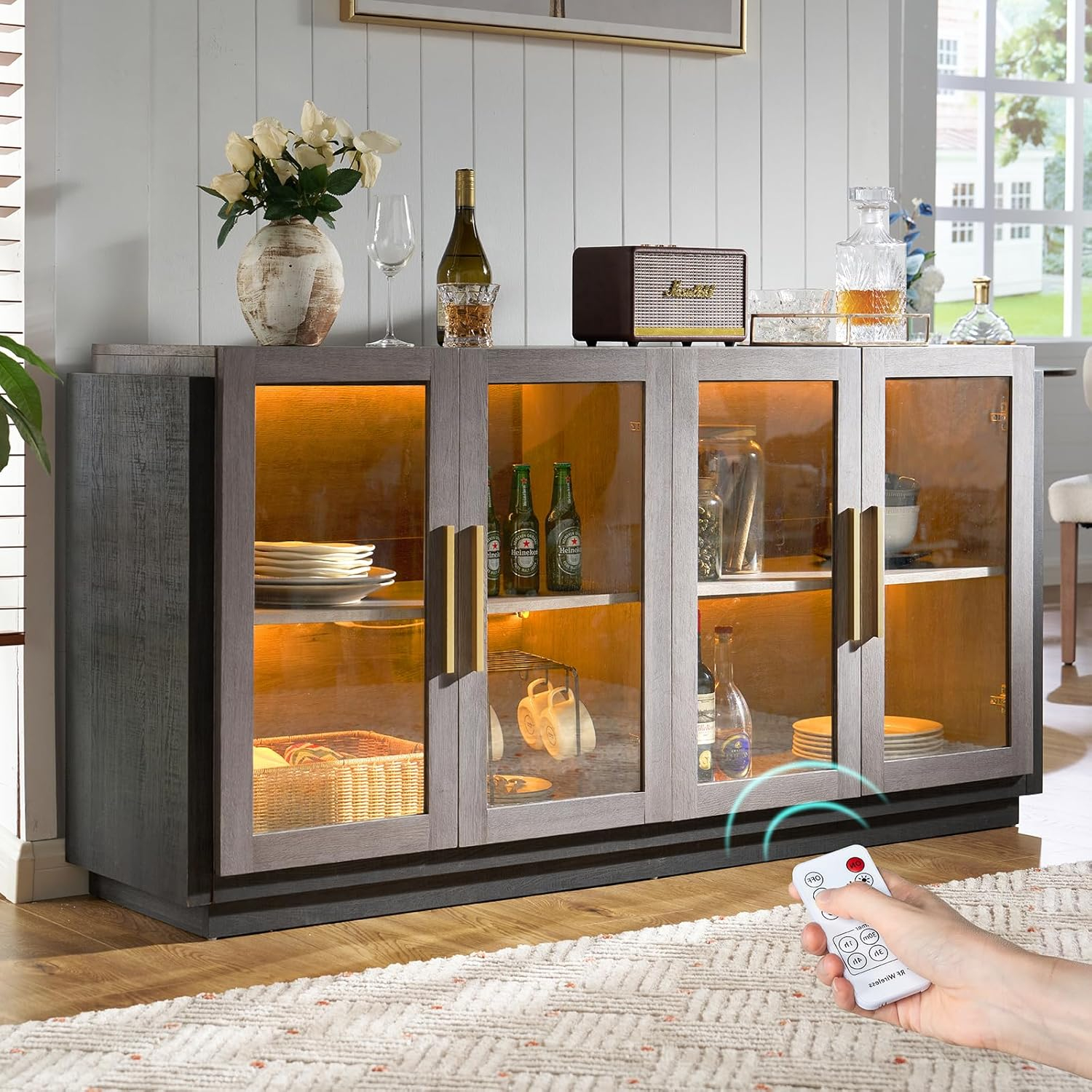 Luxoak Sideboard Buffet Cabinet With Storage,64" Cabinet With Glass ... pertaining to Modern Dining Hutch And Buffet