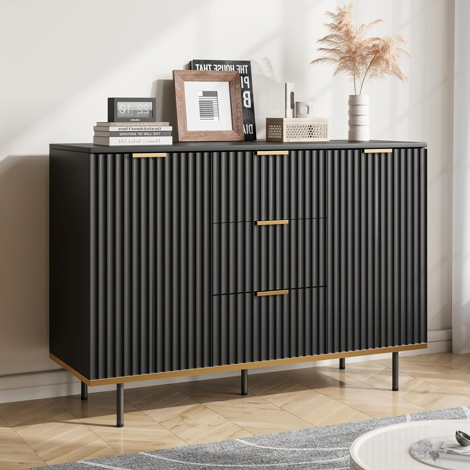 Amazon.com: Buffets & Sideboards, Fluted Sideboard Cabinet, 2 Door 3 ... for Beyond Aesthetics How Black Corner Buffets Solve Real Dining Room Storage Problems