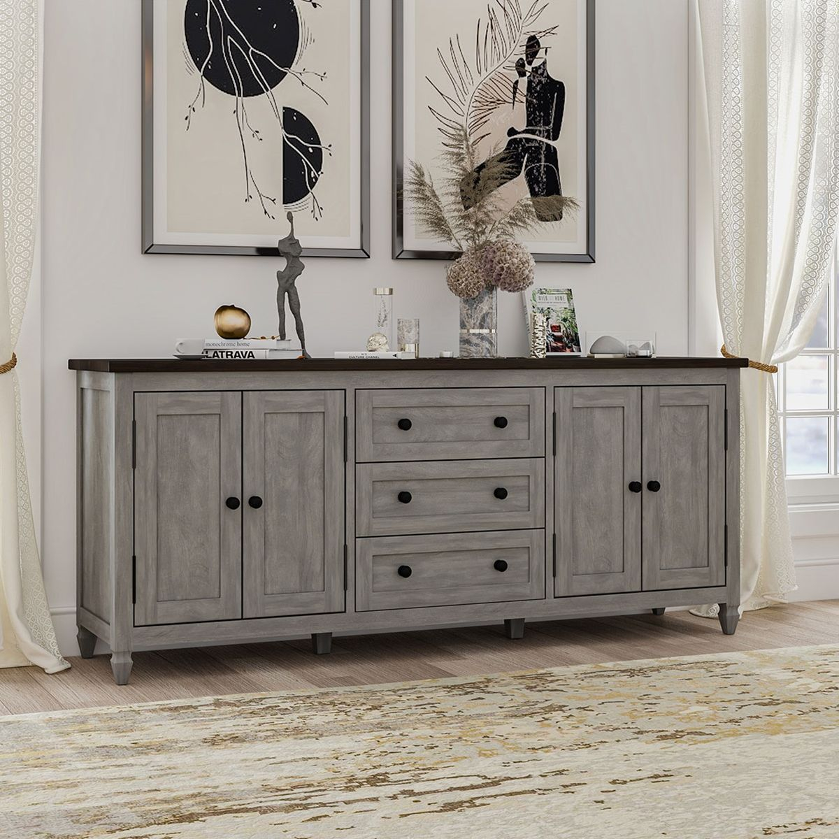 Arendal Mahogany Wood 3 Drawer Large Buffet Sideboard | Dining Room ... within Maximizing Small Spaces with the Multifunctional Arendal Mission Faux Slate Credenza