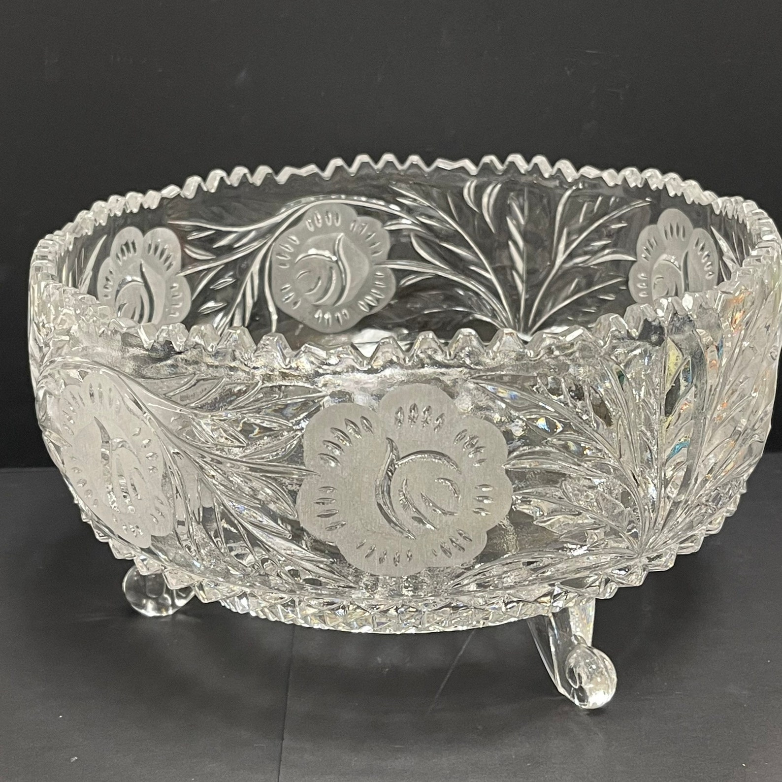 Vintage Cut Crystal Glass Footed Bowl Etched Flower On Sides Lots Of ... in Exploring the Crystal Flourishes and Etched Glass Details of a 2026 Design Icon