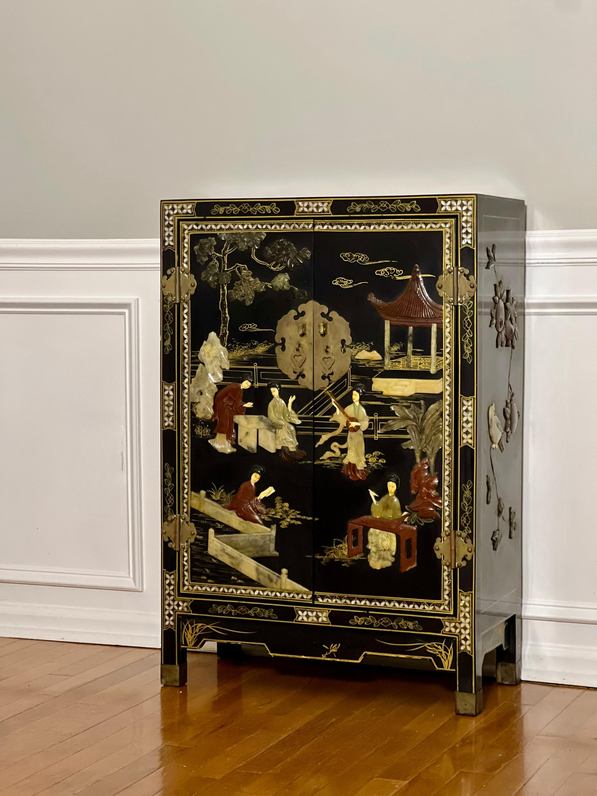 Chinese Black Lacquer Cabinet With Hardstone Mounts And Mother-Of-Pearl ... with regard to Black Lacquer China Cabinet Royal Ladies
