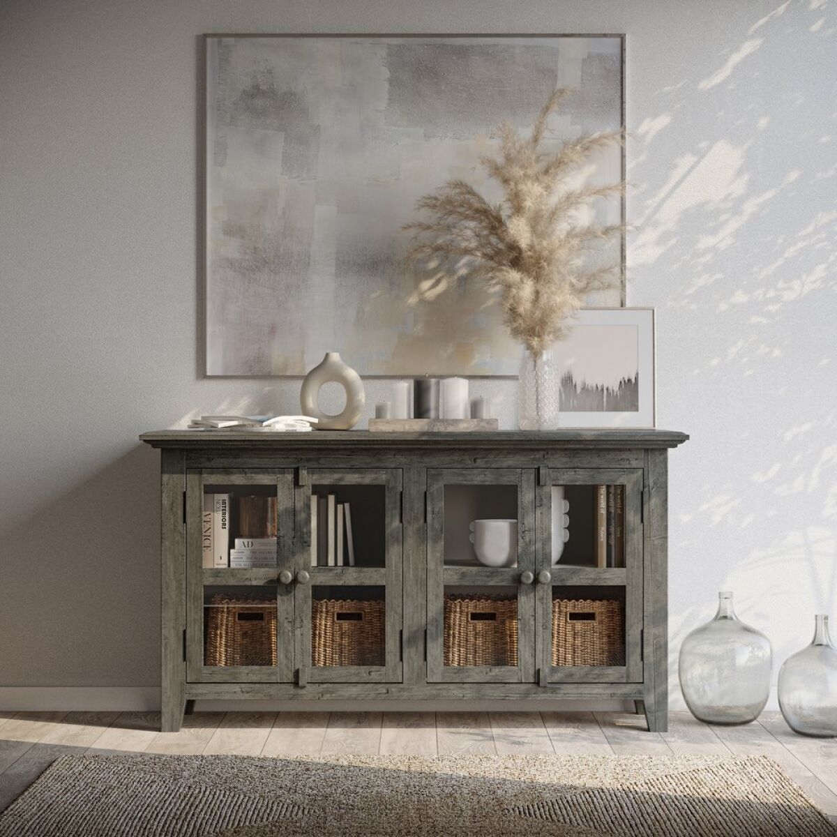 Rustic Shore 4 Door Low Accent Cabinet Stone – Dubois Furniture - Waco ... regarding Bayshore 4-Door Curio Cabinet