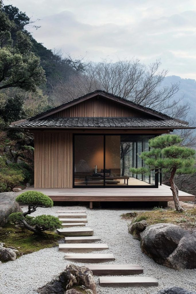 Japanese Cottage Style House: Harmonious Blend Of Tradition And Comfort inside Linville Falls Shou Sugi Ban Curio Cabinet